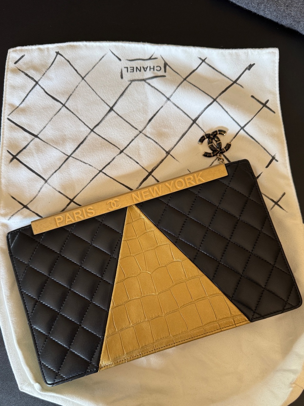 CHANEL 2019 Egypt Black and Gold Quilted Clutch with Croc-Embossed Panel